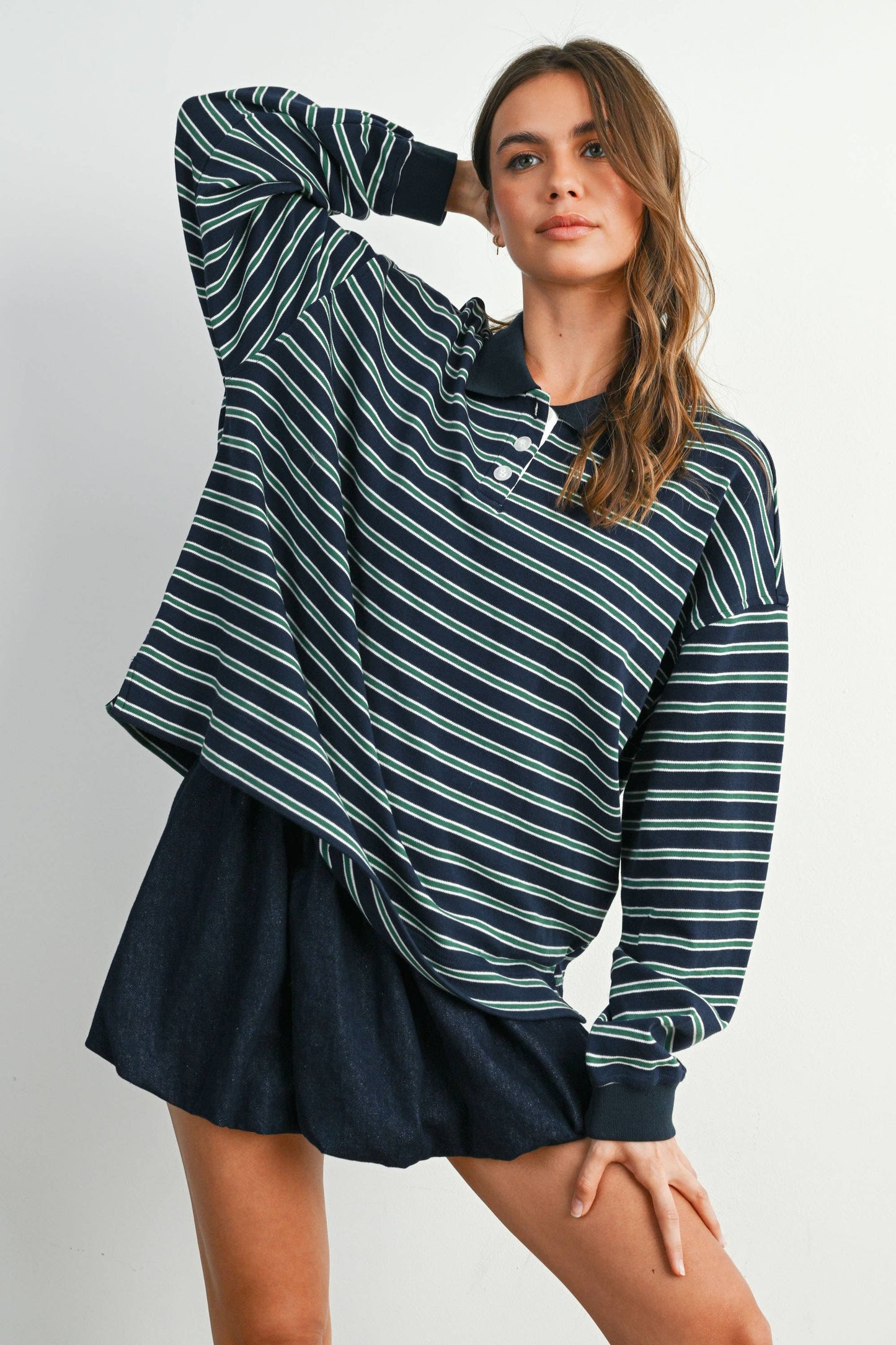 BUTTERMELON - Quarter-Button Striped Collared Long Sleeve Top - BMT7874: IVORY / BLACK / L