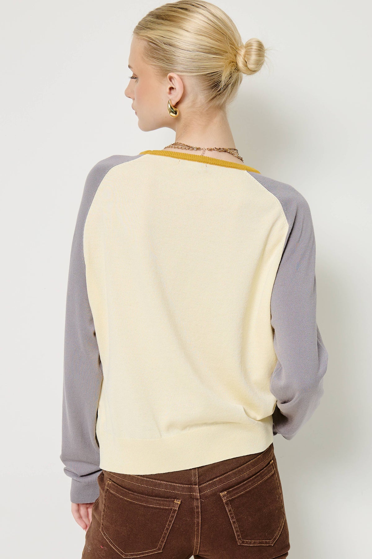 Mimosa - Colorblock Raglan Sleeve Knit Sweater: Lemonade / L