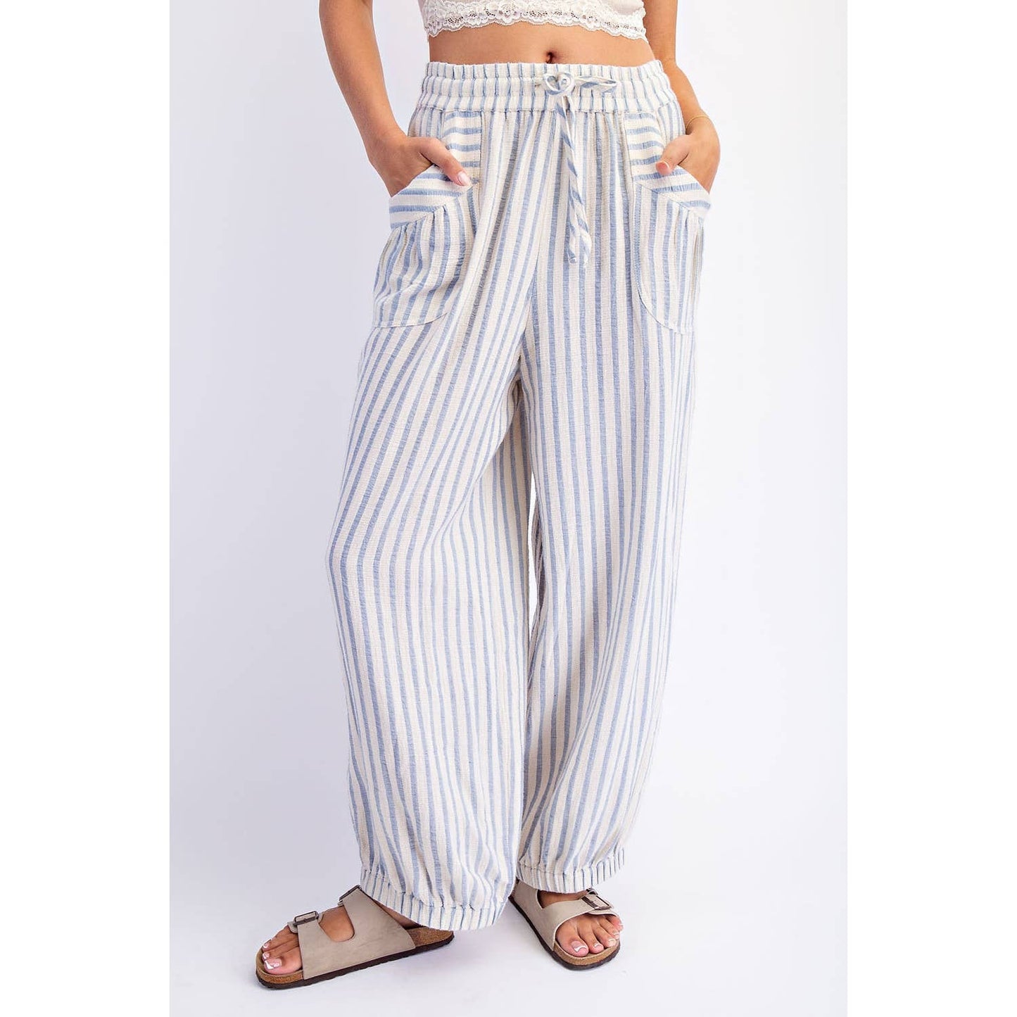 COTIERRA - STRIPE SOFT WASH LINEN BLENDED PANTS: Pink/Natural / S-M-L(2-2-2)