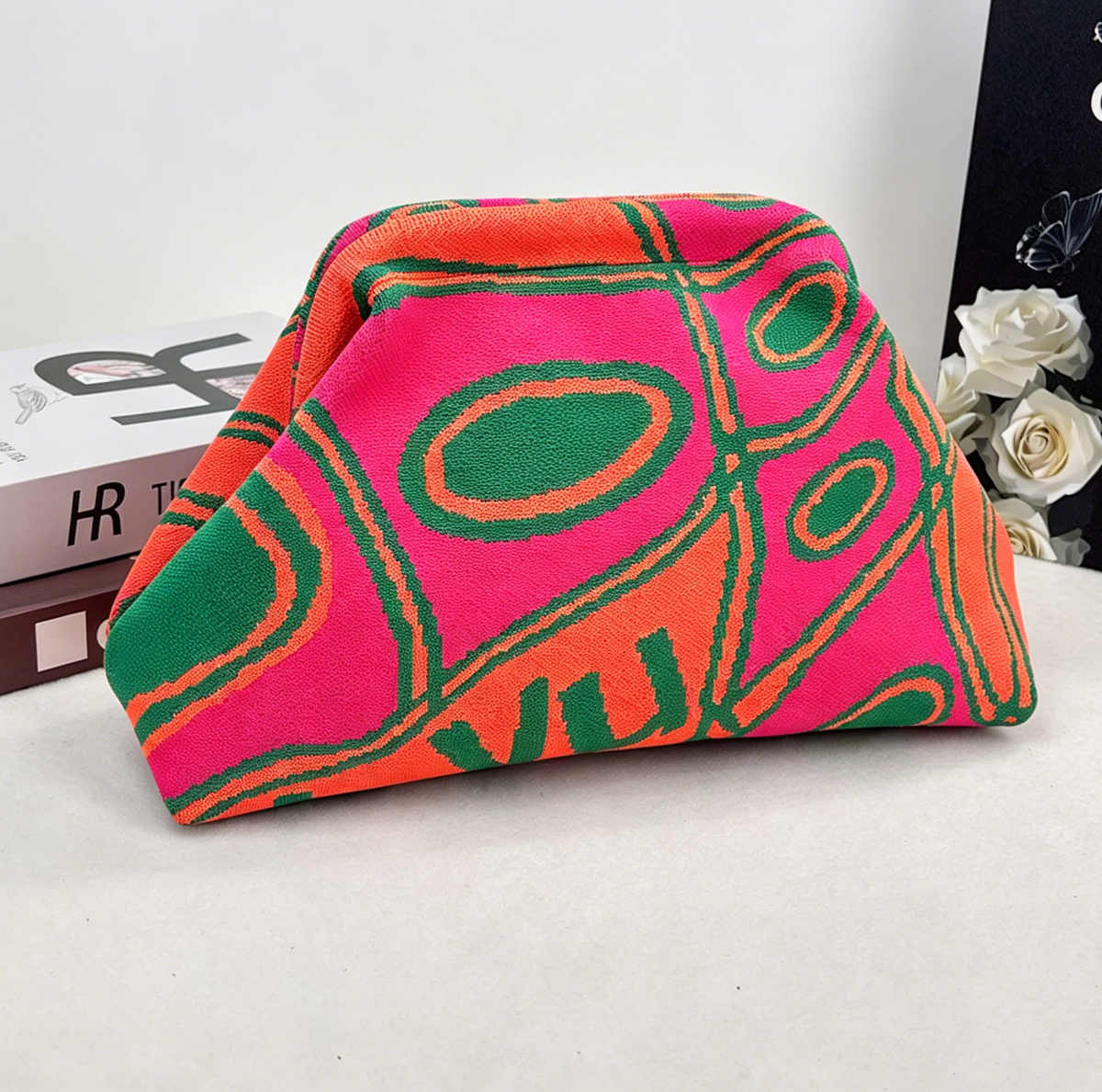 MKS America - Stripe Knit Cosmetic Bag Geo Pattern Storage Clutch: JRed / M