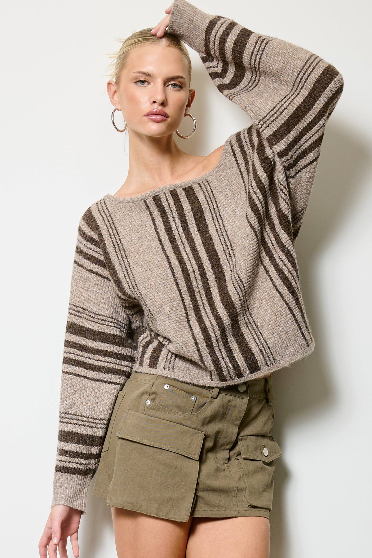 Mimosa - Striped Off Shoulder Knit Sweater: Dijon / L