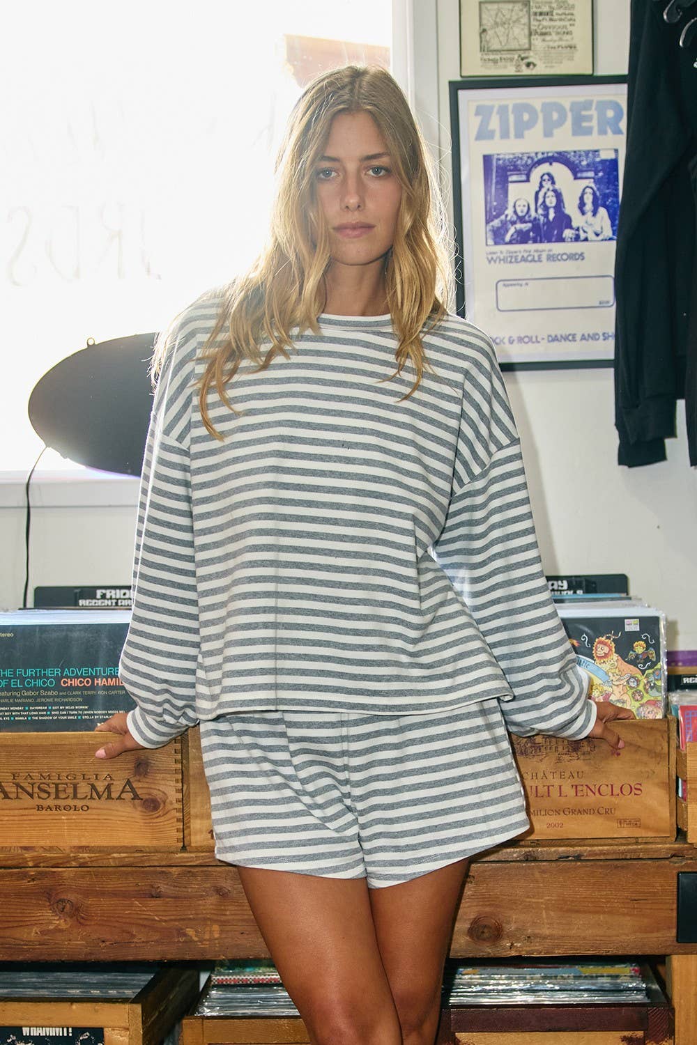 BUCKETLIST INC - IT2819 | Oversized Semi Crop Striped T-shirt Top: GREY/IVORY / S-M-L (2-2-2)