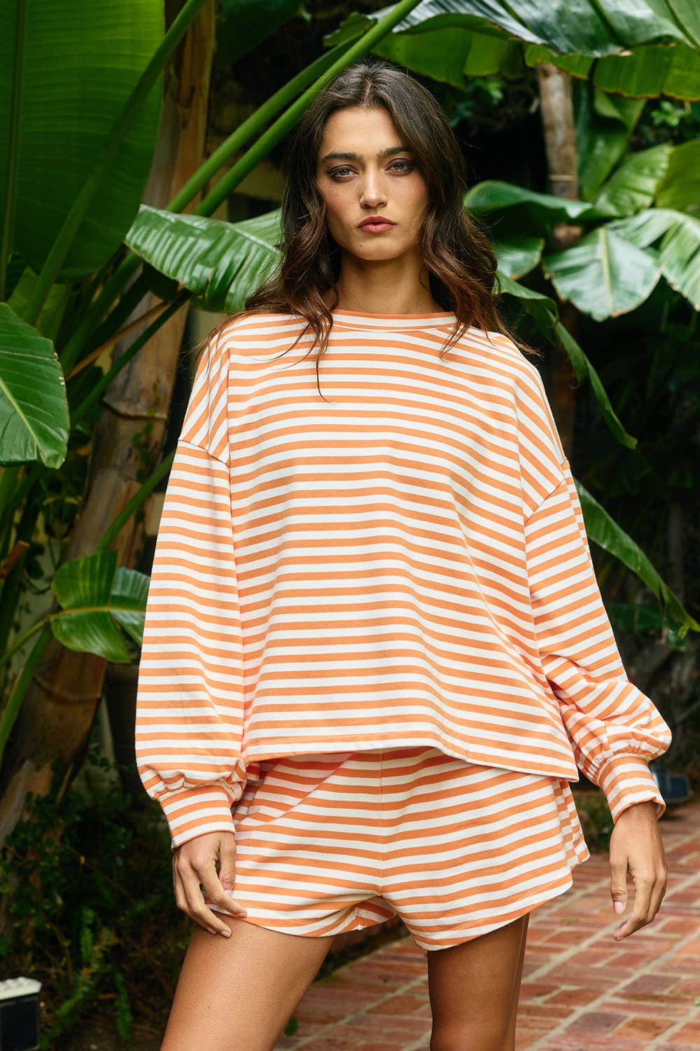 BUCKETLIST INC - IT2819 | Oversized Semi Crop Striped T-shirt Top: GREY/IVORY / S-M-L (2-2-2)