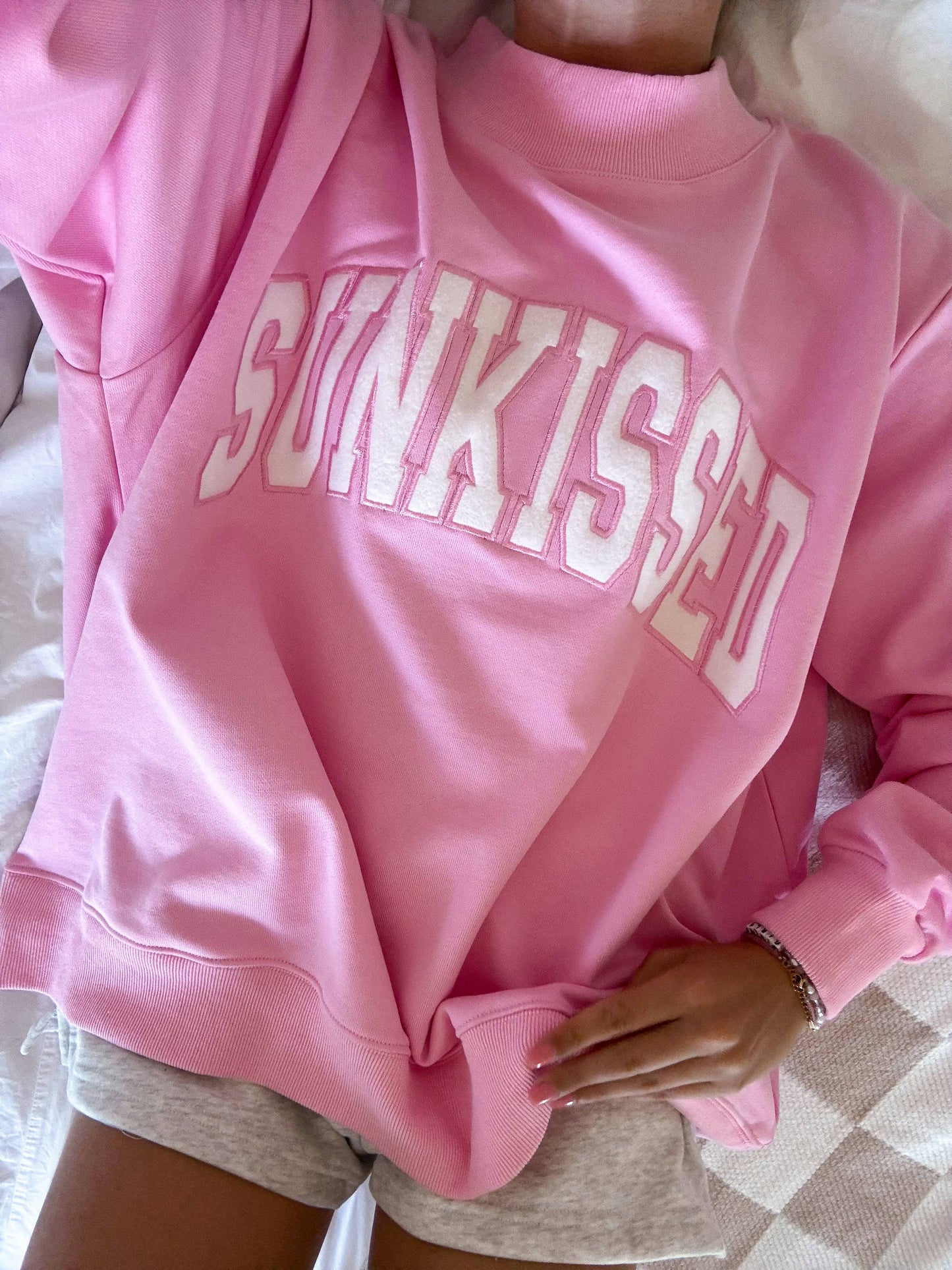 Sunkissed Coconut - Lottie Pink Varsity Sunkissed Embroidered Mockneck Sweatshirt 100% Cotton: Lottie Pink / Large
