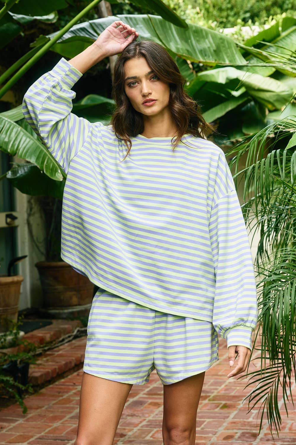 BUCKETLIST INC - IT2819 | Oversized Semi Crop Striped T-shirt Top: GREY/IVORY / S-M-L (2-2-2)