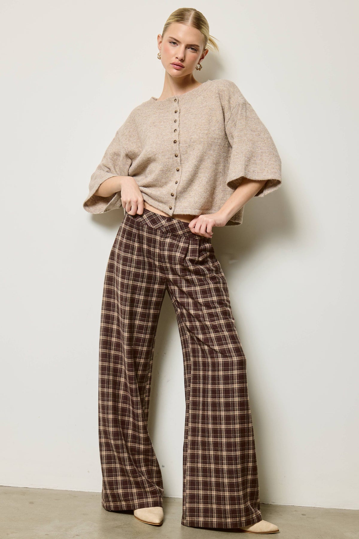 Mimosa - Plaid Pleated Wide Leg Trousers: Brown / S