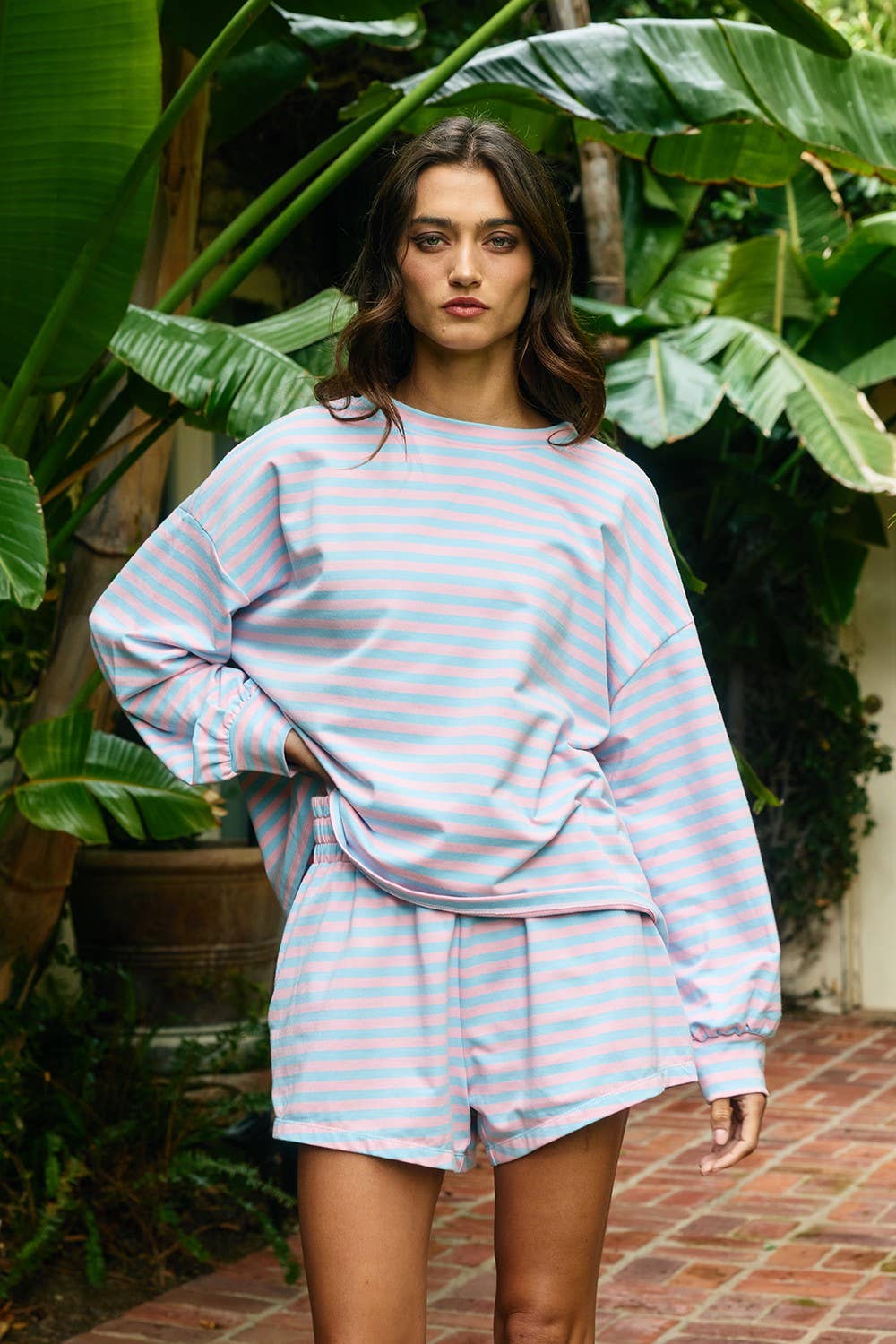 BUCKETLIST INC - IT2819 | Oversized Semi Crop Striped T-shirt Top: GREY/IVORY / S-M-L (2-2-2)