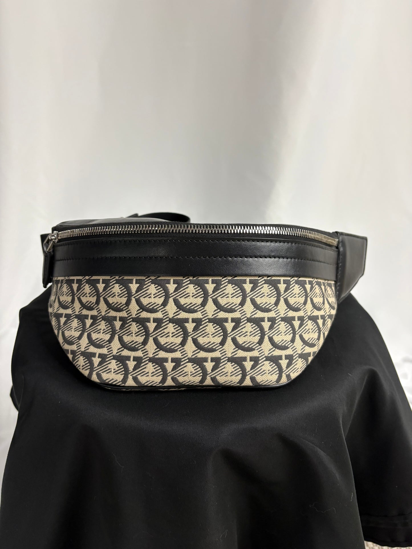 Salvatore Ferragamo Gancini Monogram Belt Bag Black Beige Calfskin Waist Bag