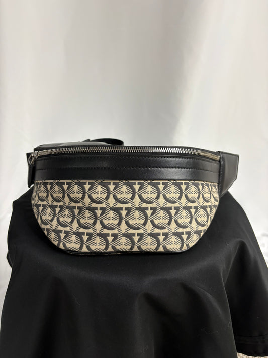 Salvatore Ferragamo Gancini Monogram Belt Bag Black Beige Calfskin Waist Bag
