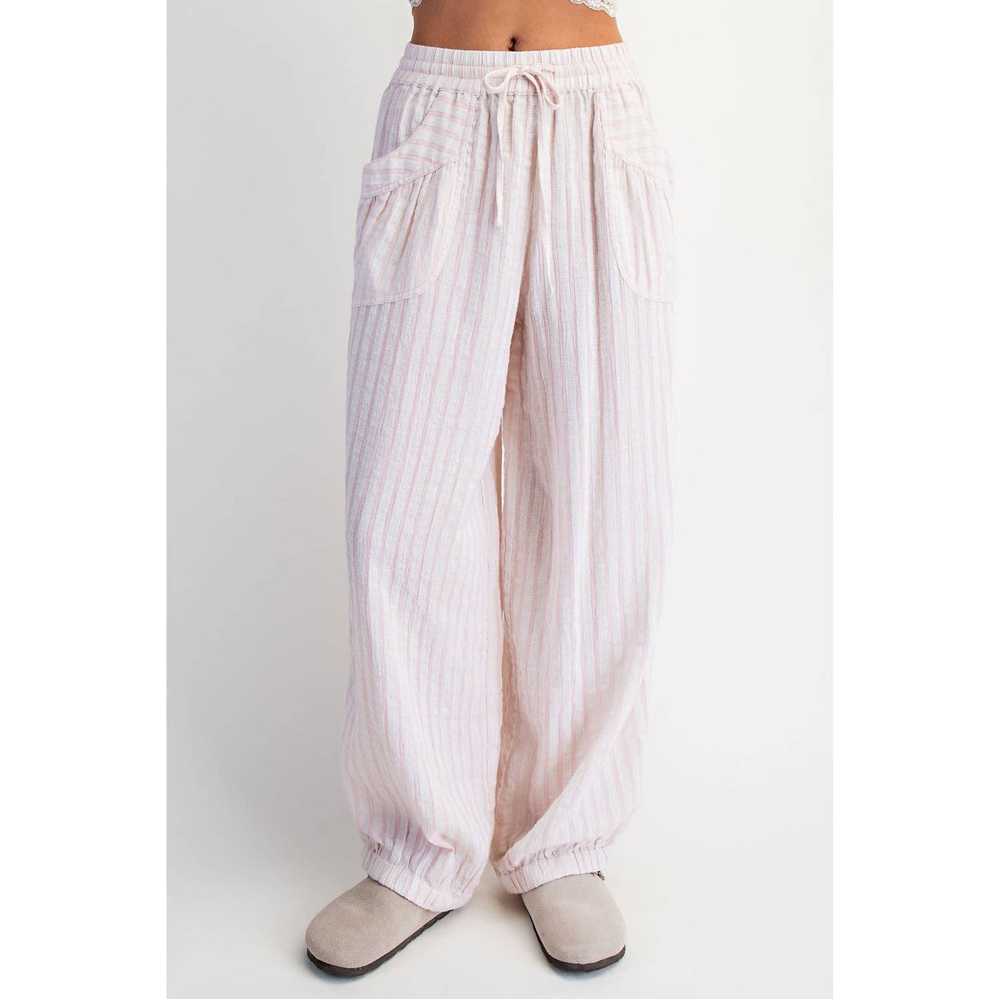 COTIERRA - STRIPE SOFT WASH LINEN BLENDED PANTS: Pink/Natural / S-M-L(2-2-2)