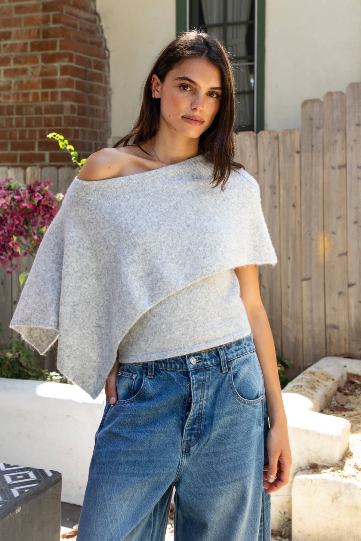 TICTOC - AINSLEY Off Shoulder Asymmetric Knit Poncho Sweater: MARLED GREY / 3 SMALL • 2 MEDIUM • 1 LARGE