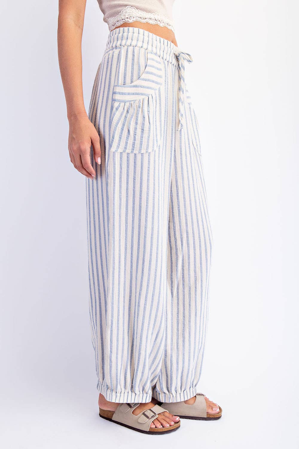 COTIERRA - STRIPE SOFT WASH LINEN BLENDED PANTS: Pink/Natural / S-M-L(2-2-2)