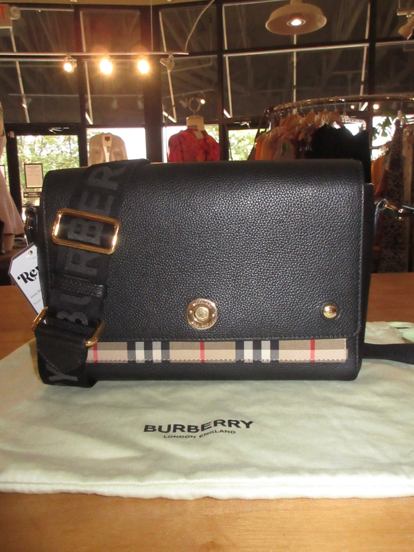 Burberry Hampshire Leather Crossbody Bag – Black with Vintage Check Trim