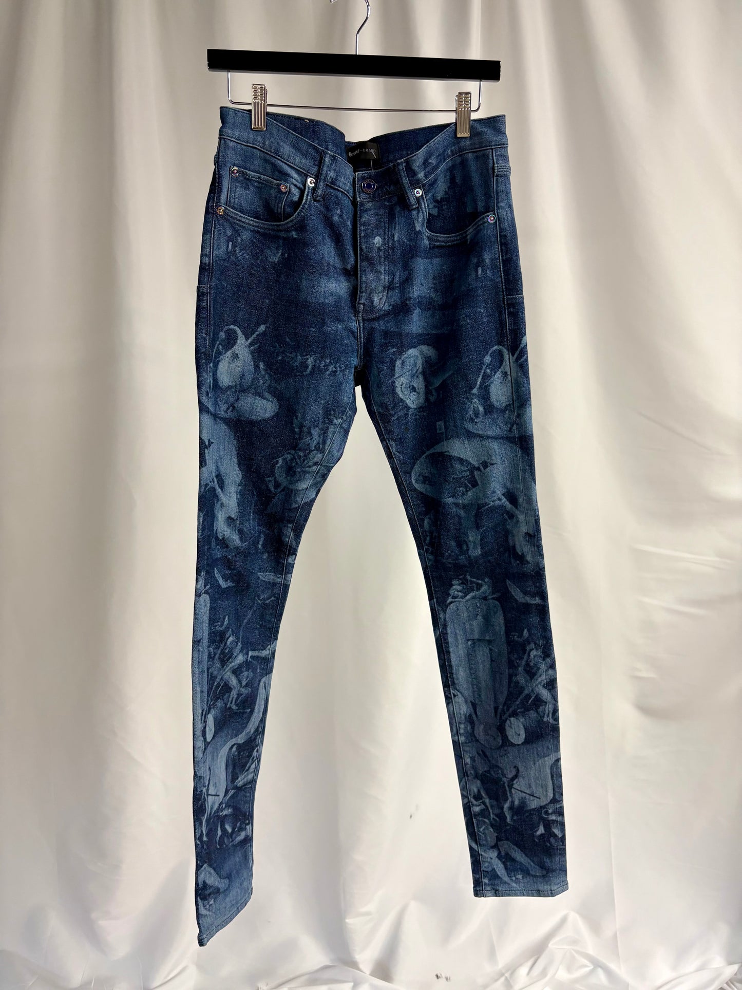 PURPLE BRAND Cherub Graphic Print Skinny Jeans Blue Indigo Men’s
