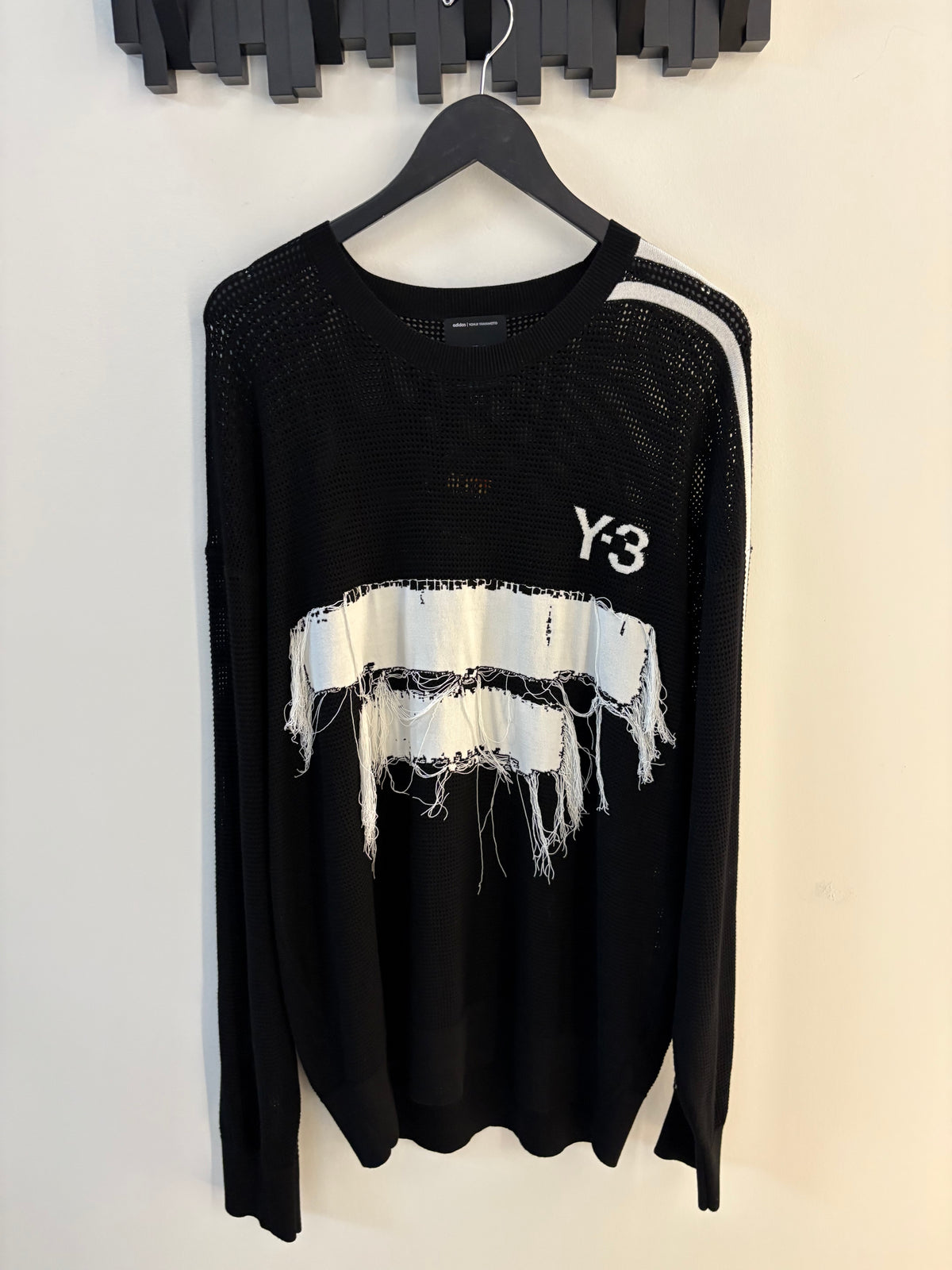 adidas Y-3 Yohji Yamamoto Distressed Open Knit Sweater Black White