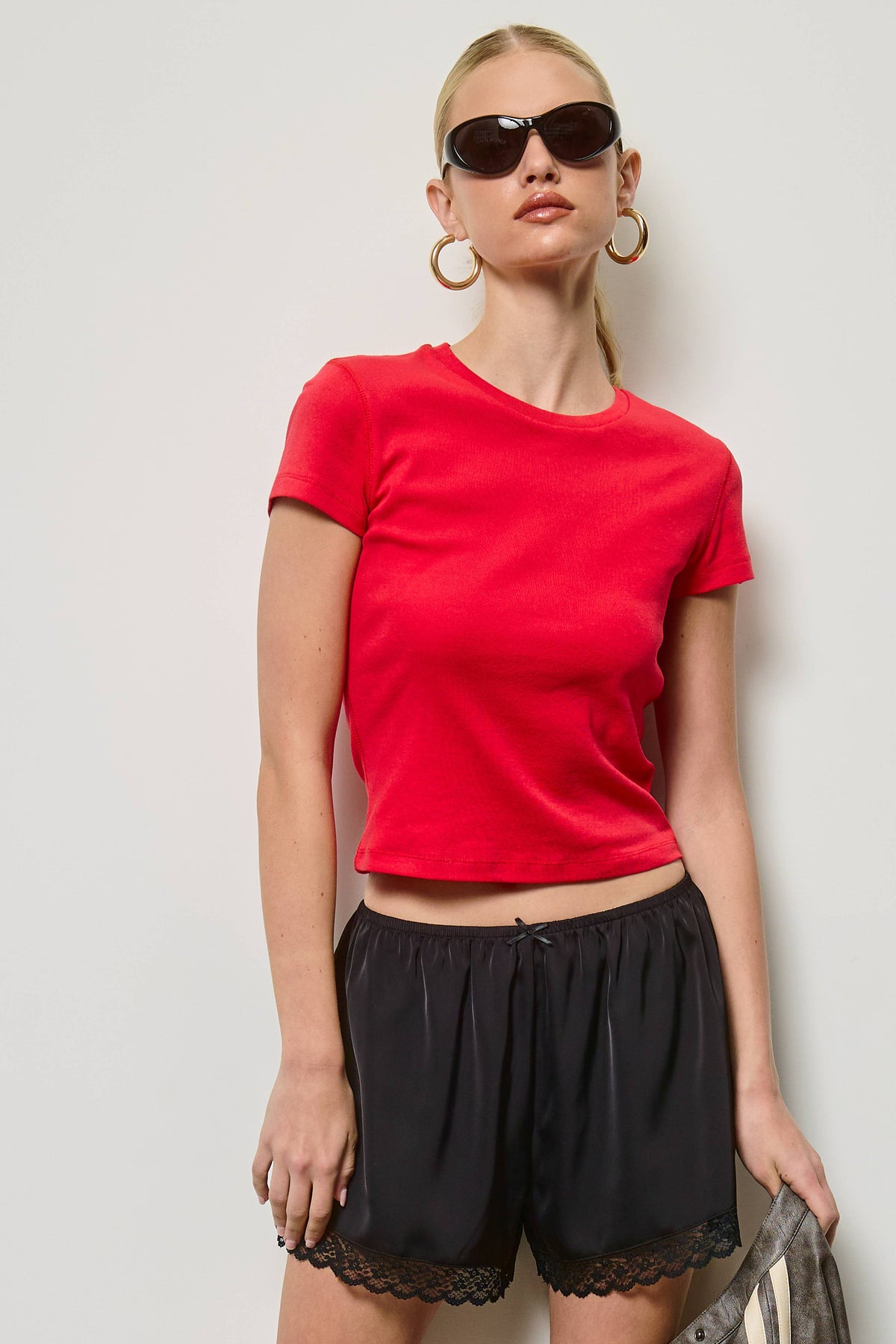 Mimosa - Basic Short Sleeve Baby Tee Knit Top: Charcoal / S