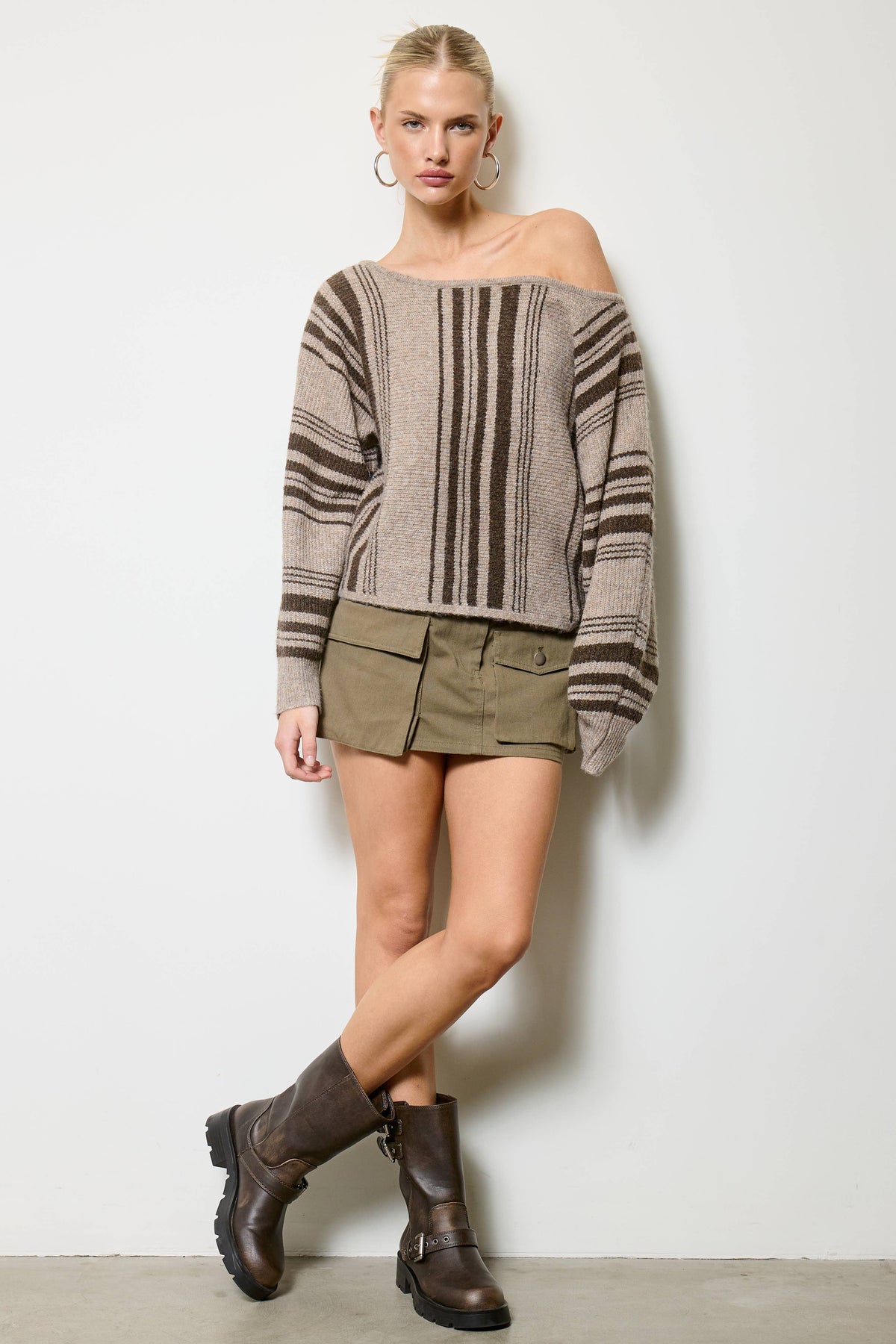 Mimosa - Striped Off Shoulder Knit Sweater: Dijon / L