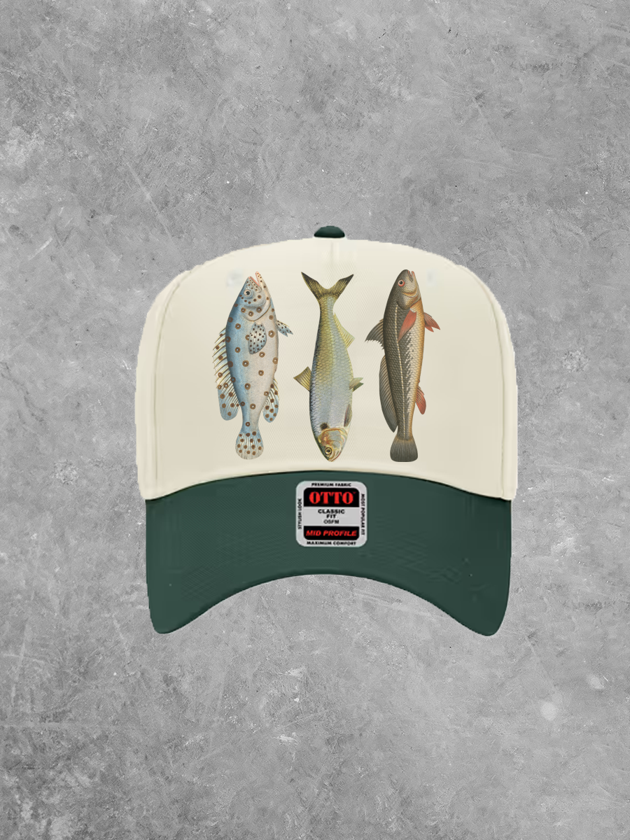 The Clandestine Underground - 3 Colorful Fish, Summer Baseball Trucker Hat: Natural / Navy