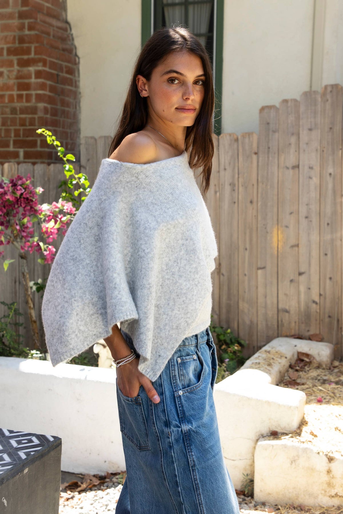 TICTOC - AINSLEY Off Shoulder Asymmetric Knit Poncho Sweater: MARLED GREY / 3 SMALL • 2 MEDIUM • 1 LARGE