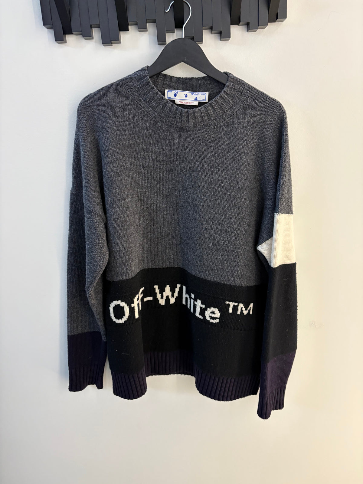 Off-White Color Block Logo Virgin Wool Sweater Dark Grey Black White Navy
