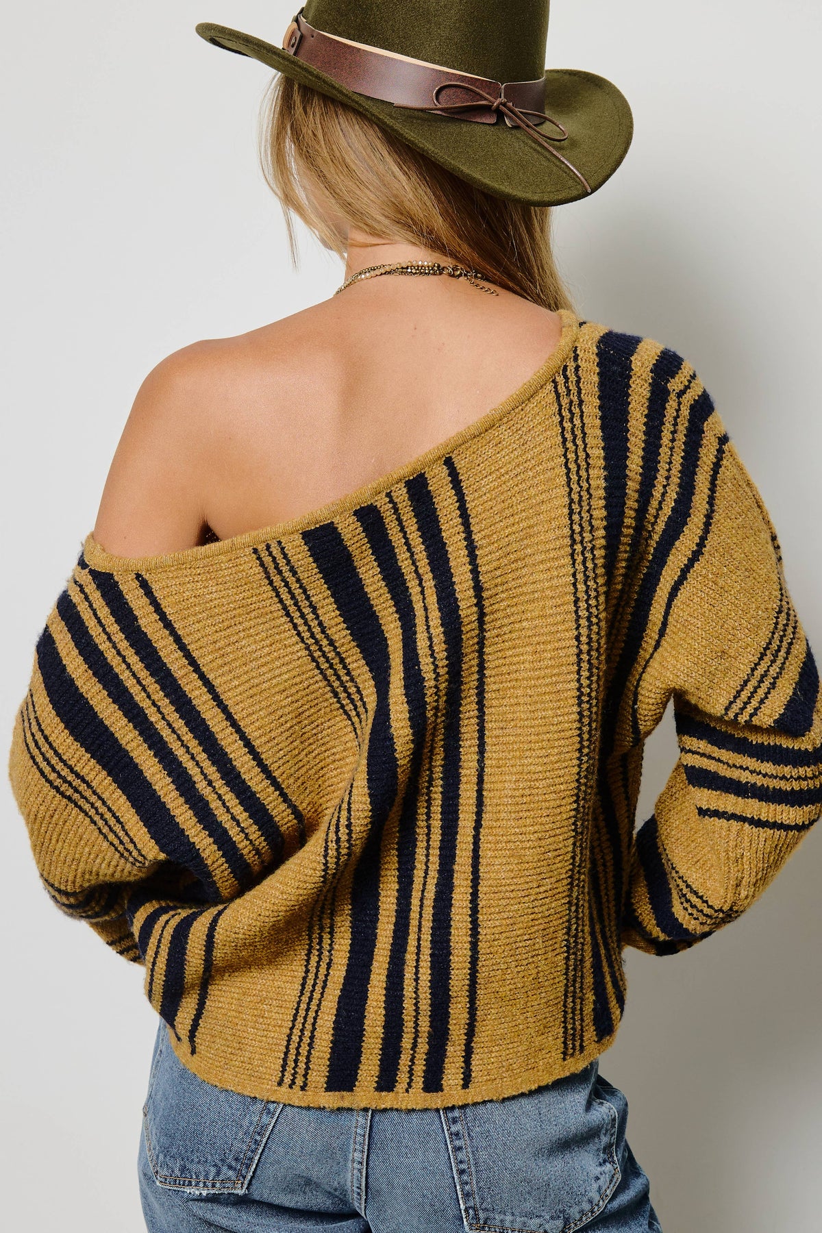 Mimosa - Striped Off Shoulder Knit Sweater: Dijon / L