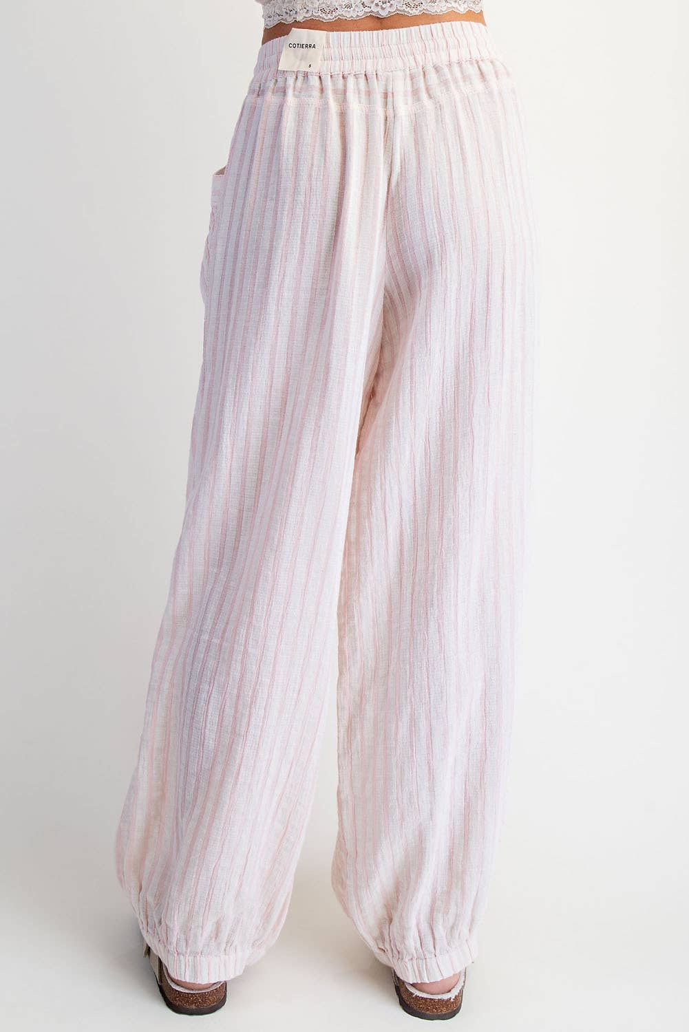 COTIERRA - STRIPE SOFT WASH LINEN BLENDED PANTS: Pink/Natural / S-M-L(2-2-2)