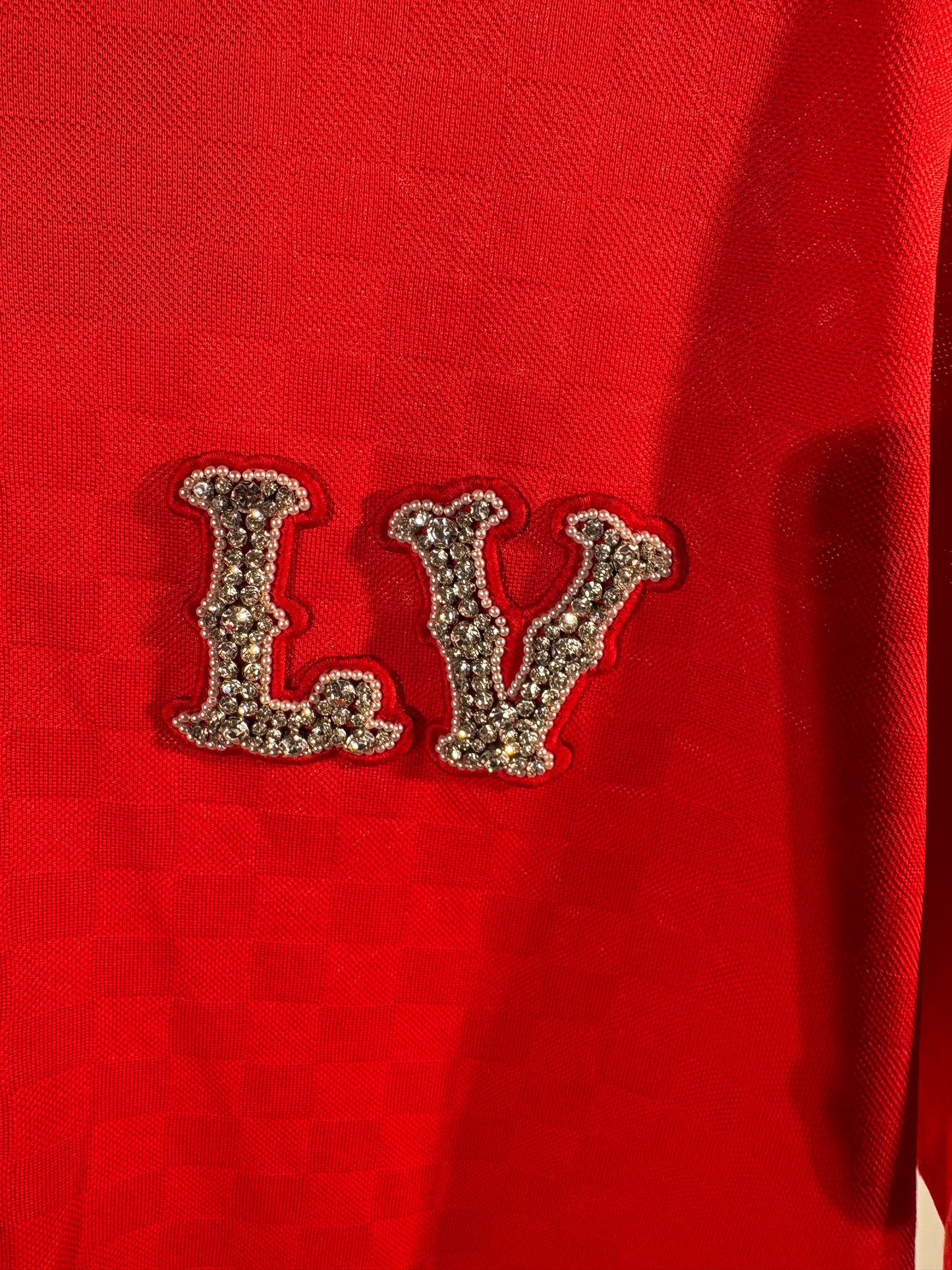 Red Louis Vuitton LV Rhinestone Logo Tee