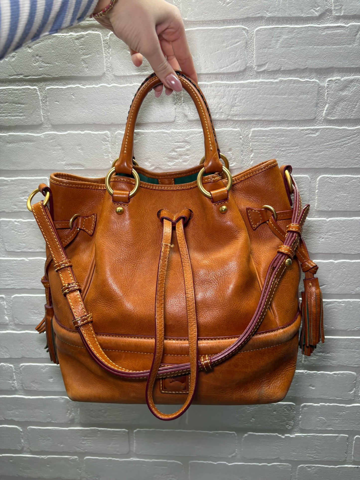 Dooney & Bourke Brown Leather Drawstring Bucket Bag with Tassels
