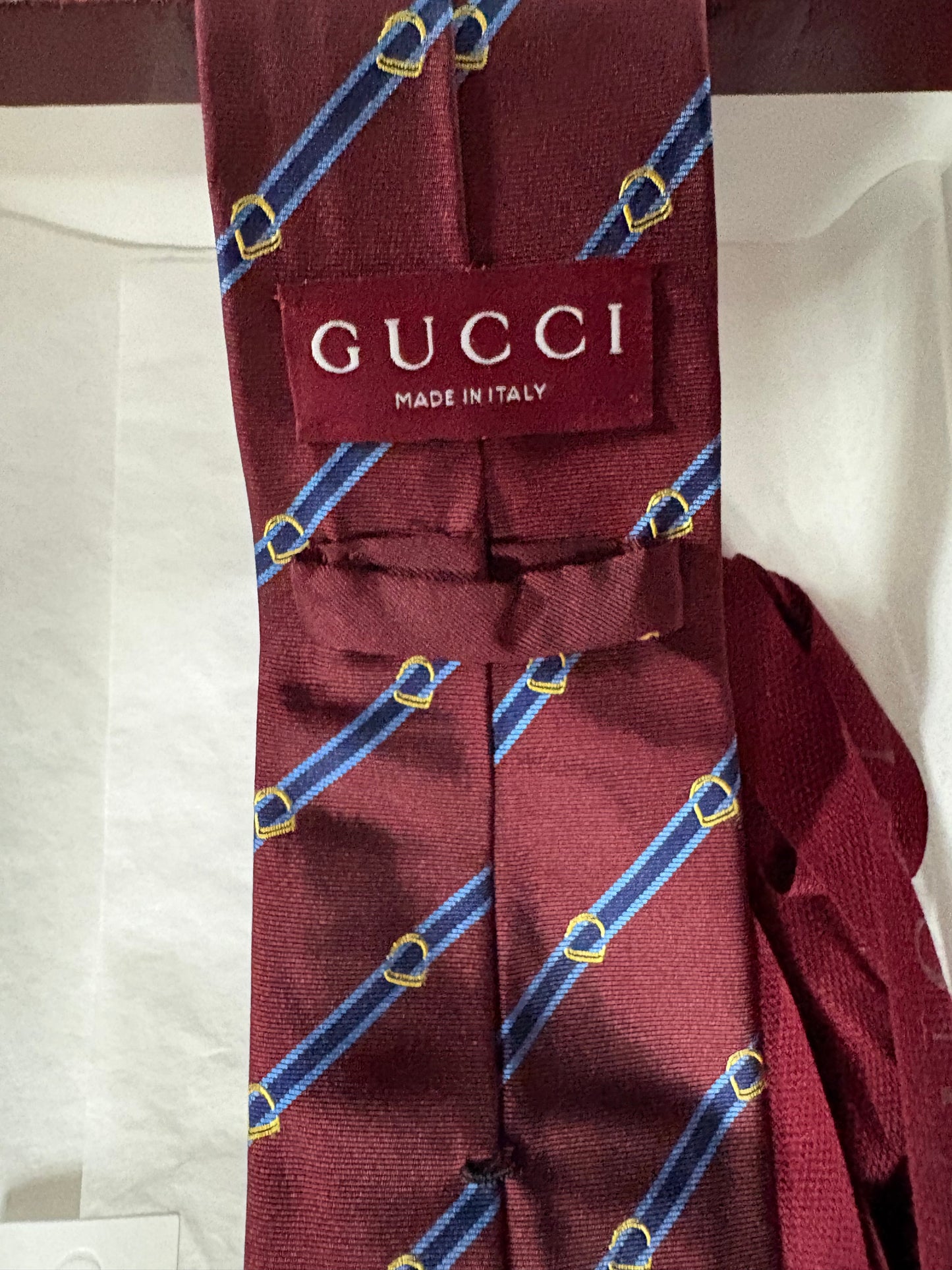 Gucci Horsebit Silk Jacquard Tie Bordeaux Burgundy Blue Made in Italy with Box