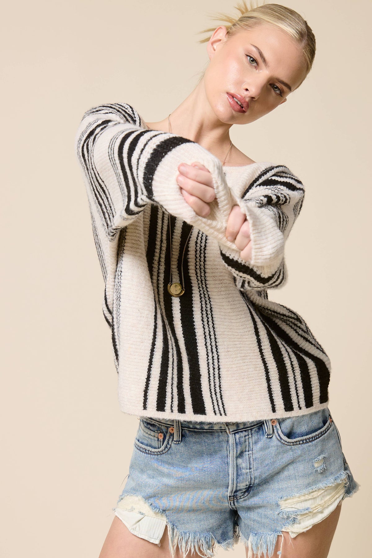 Mimosa - Striped Off Shoulder Knit Sweater: Dijon / S