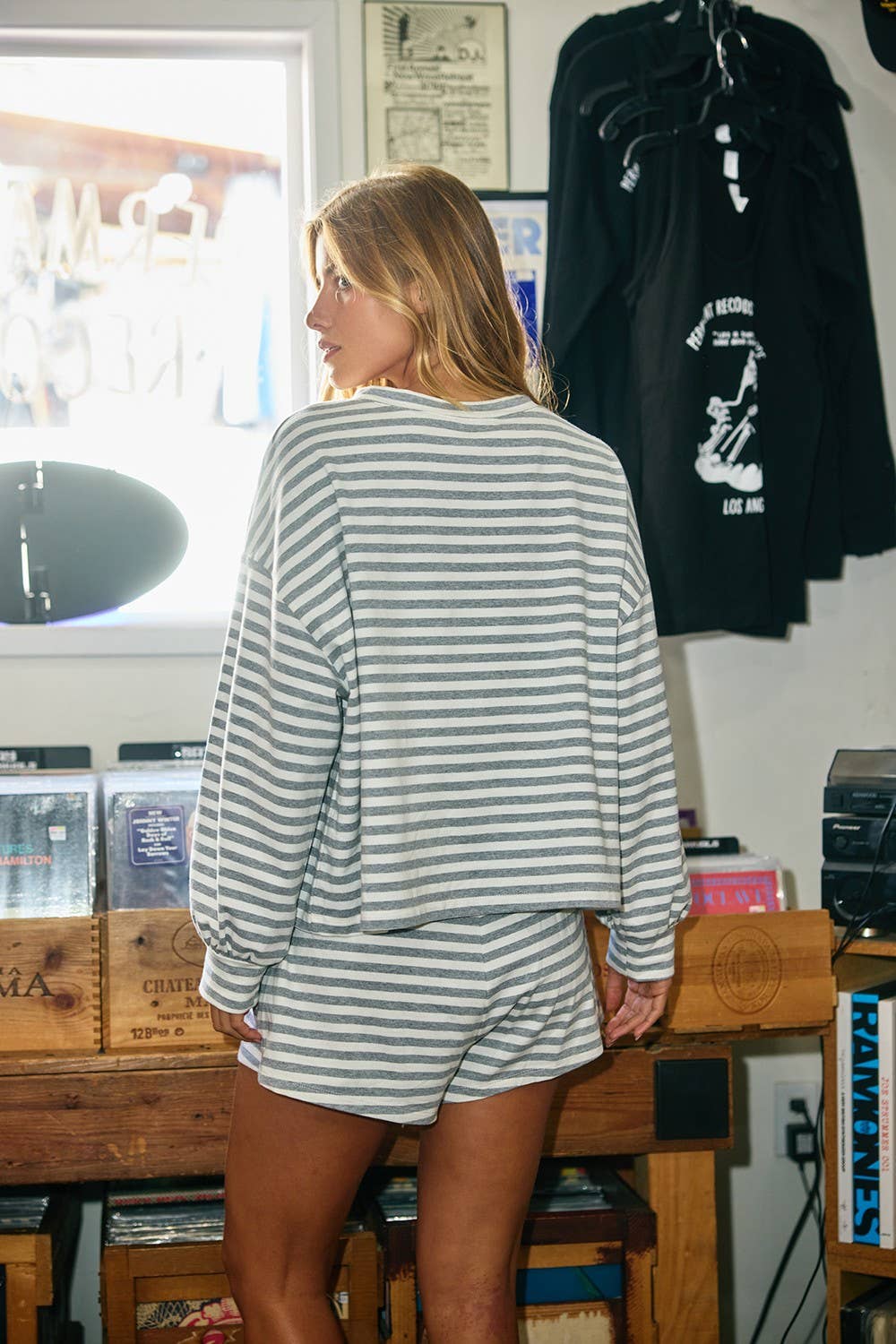 BUCKETLIST INC - IT2819 | Oversized Semi Crop Striped T-shirt Top: GREY/IVORY / S-M-L (2-2-2)