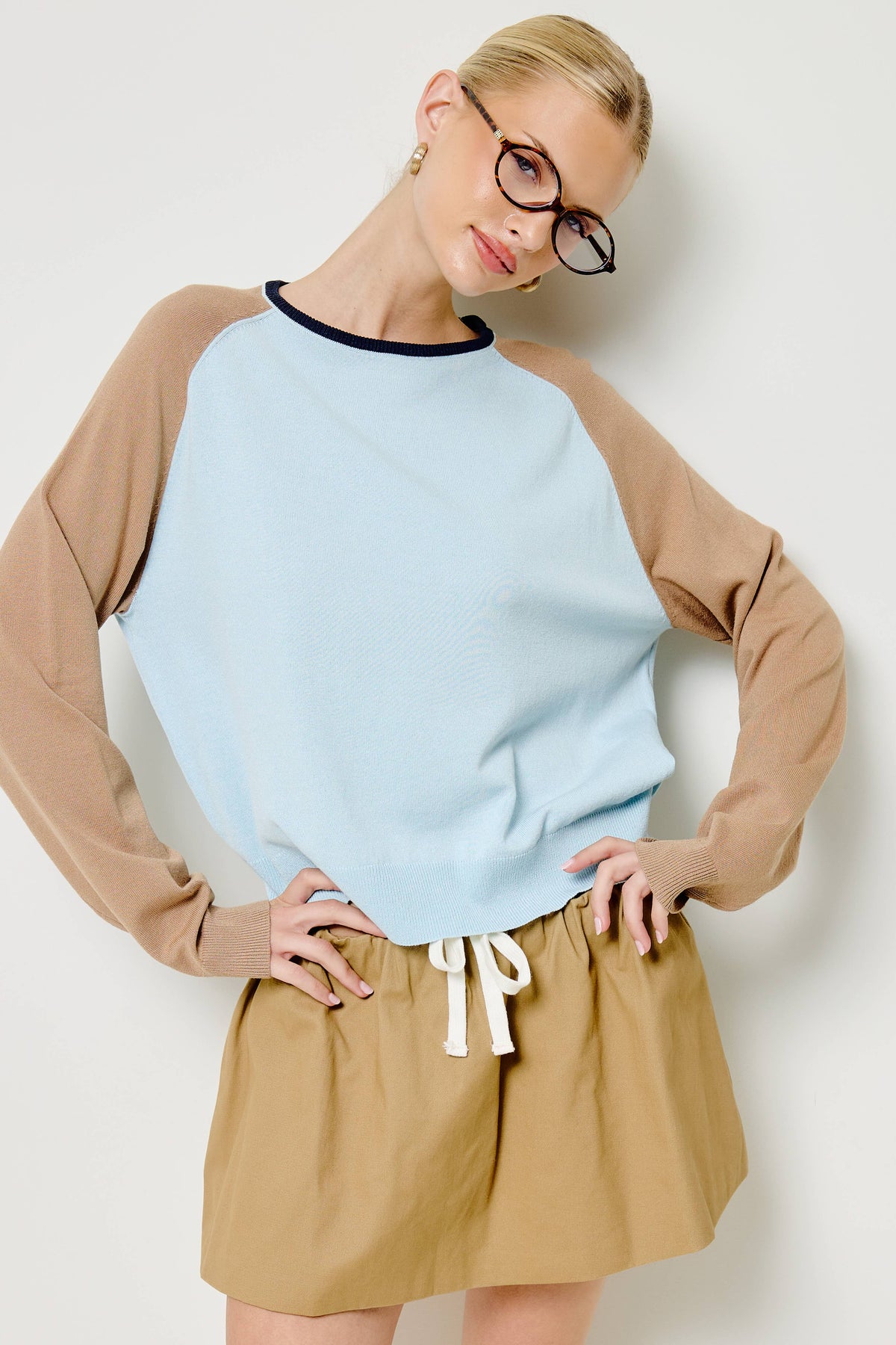 Mimosa - Colorblock Raglan Sleeve Knit Sweater: Lemonade / L