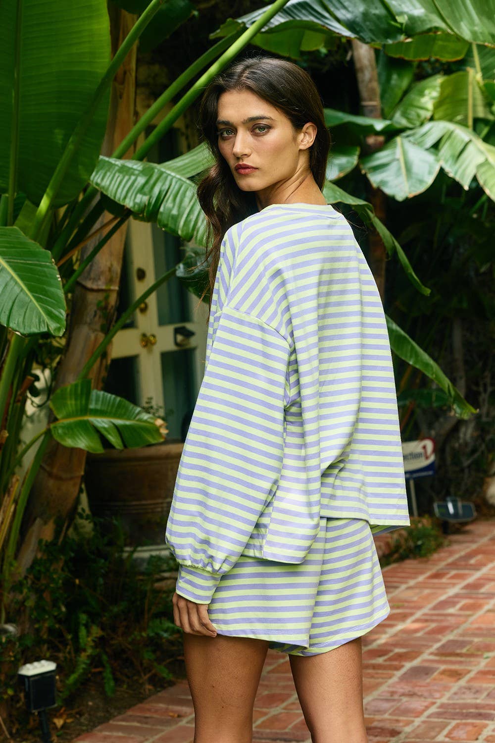 BUCKETLIST INC - IT2819 | Oversized Semi Crop Striped T-shirt Top: GREY/IVORY / S-M-L (2-2-2)