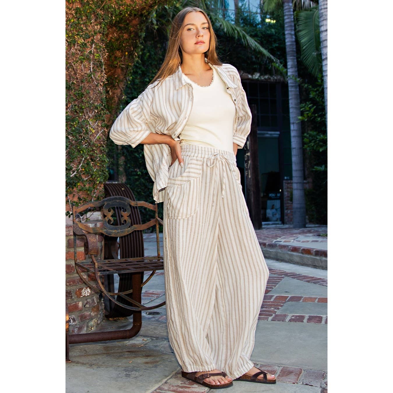 COTIERRA - STRIPE SOFT WASH LINEN BLENDED PANTS: Pink/Natural / S-M-L(2-2-2)