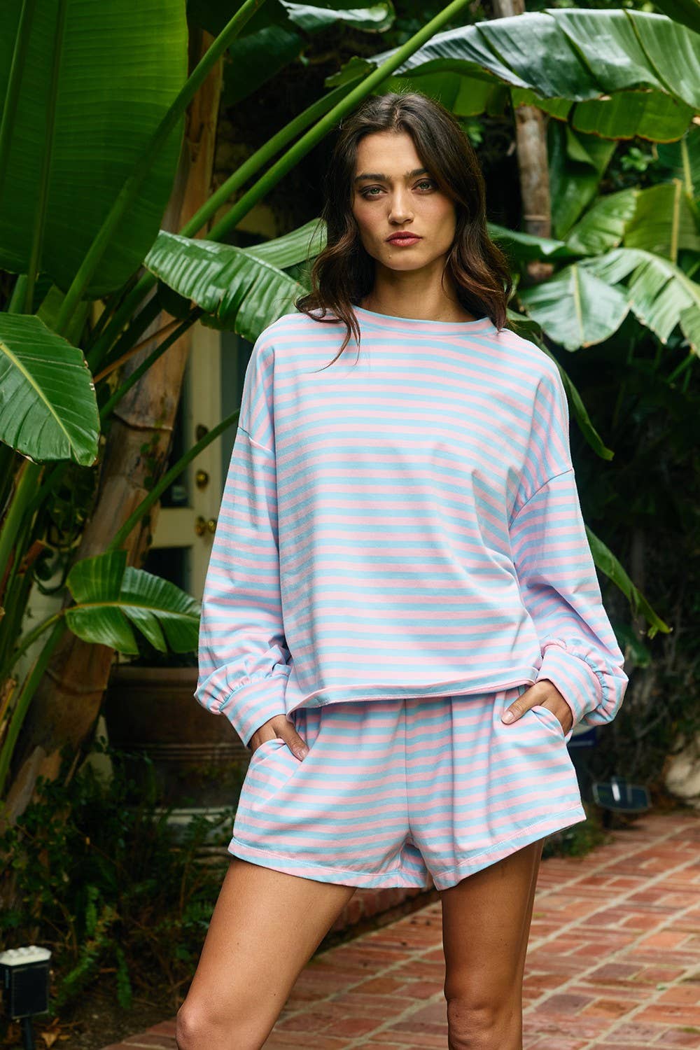 BUCKETLIST INC - IT2819 | Oversized Semi Crop Striped T-shirt Top: GREY/IVORY / S-M-L (2-2-2)