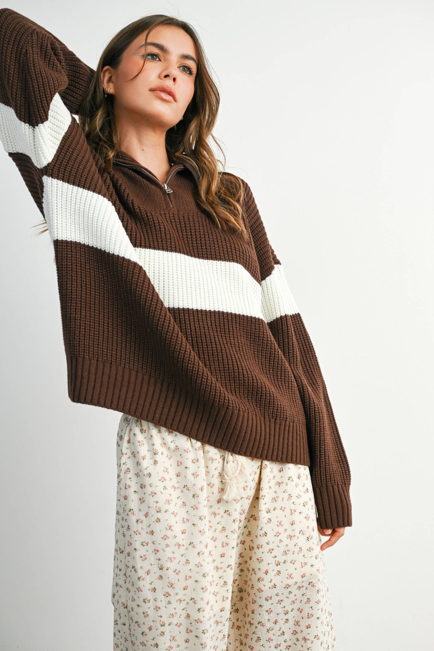 BUTTERMELON - Neck Zip-Front Long Sleeve Top - BMW7891: NAVY / IVORY / S