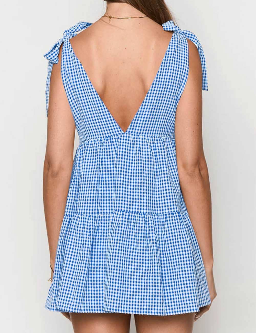 Dipped Shop - Casual Plaid Tie-Strap V-Neck Mini Dress DP25D577: Black / M