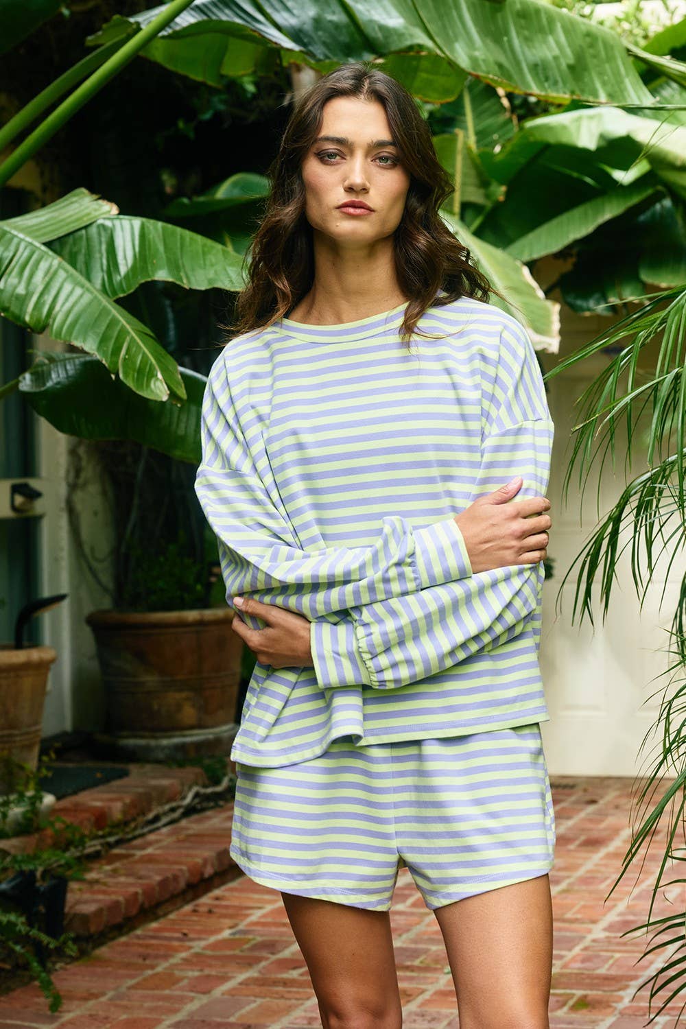 BUCKETLIST INC - IT2819 | Oversized Semi Crop Striped T-shirt Top: GREY/IVORY / S-M-L (2-2-2)