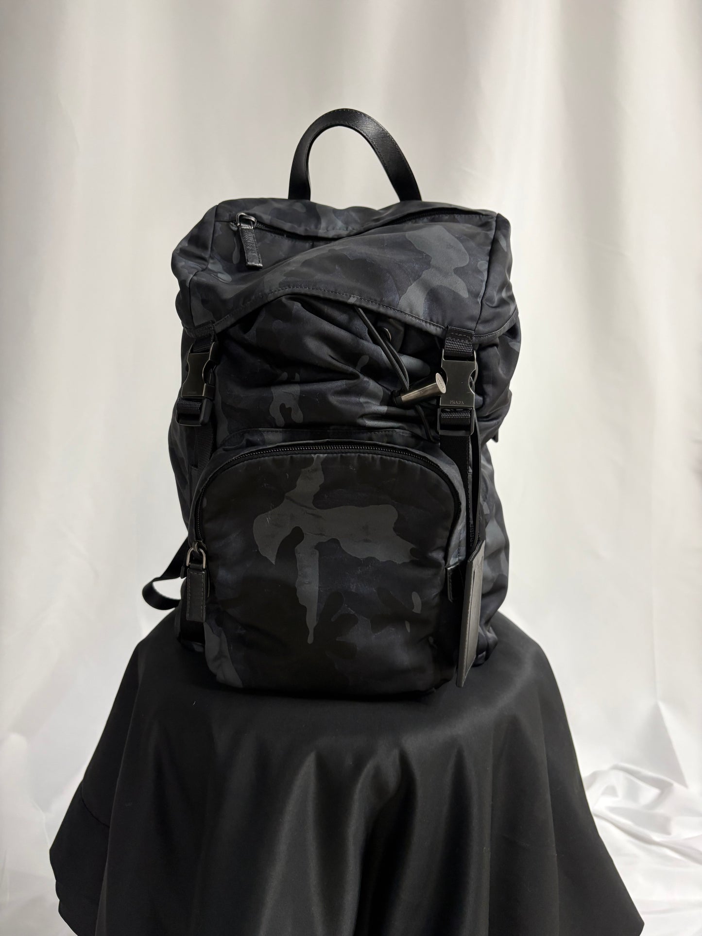 Prada Tessuto Nylon Camouflage Double Buckle Backpack Fumo