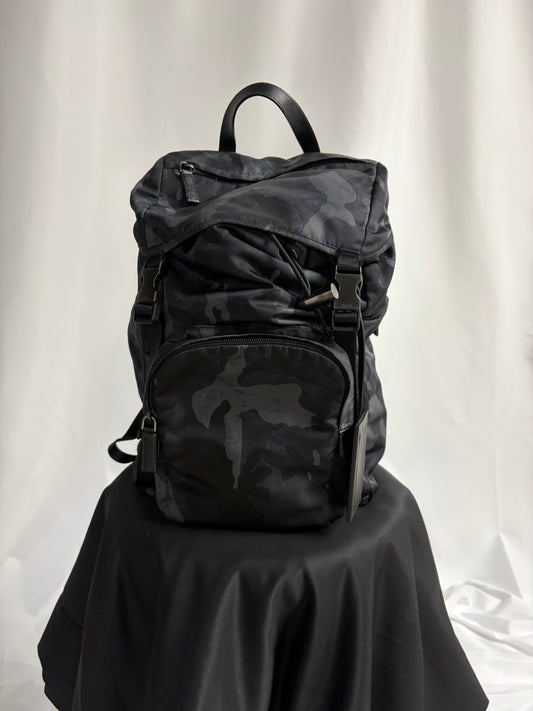 Prada Tessuto Nylon Camouflage Double Buckle Backpack Fumo