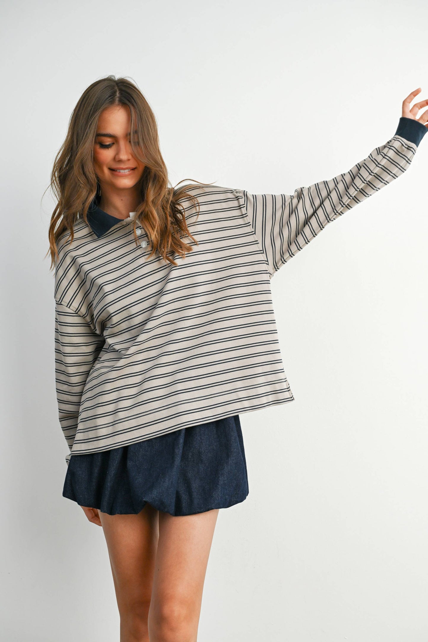 BUTTERMELON - Quarter-Button Striped Collared Long Sleeve Top - BMT7874: IVORY / BLACK / L