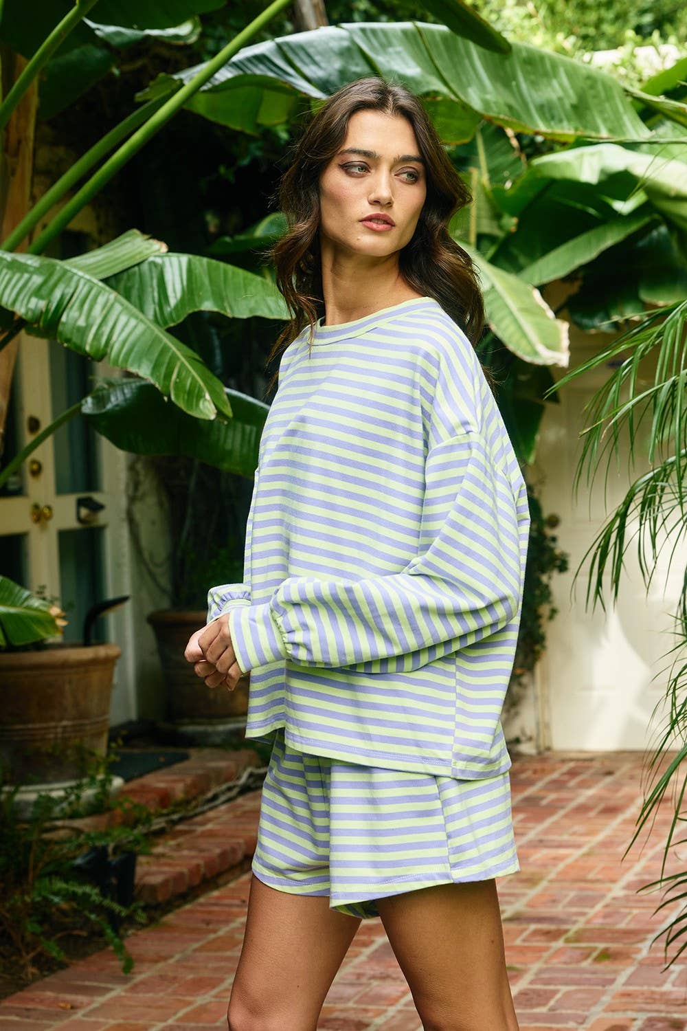 BUCKETLIST INC - IT2819 | Oversized Semi Crop Striped T-shirt Top: GREY/IVORY / S-M-L (2-2-2)