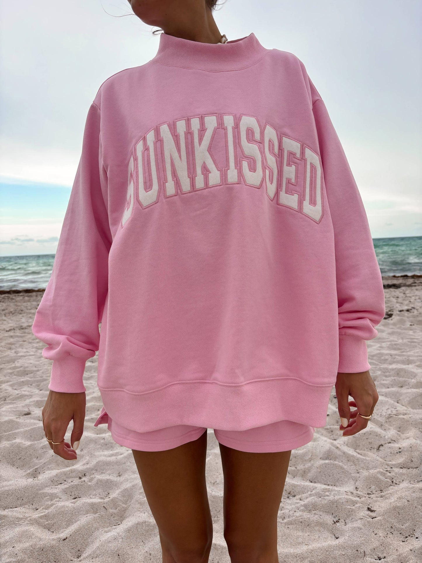 Sunkissed Coconut - Lottie Pink Varsity Sunkissed Embroidered Mockneck Sweatshirt 100% Cotton: Lottie Pink / Large