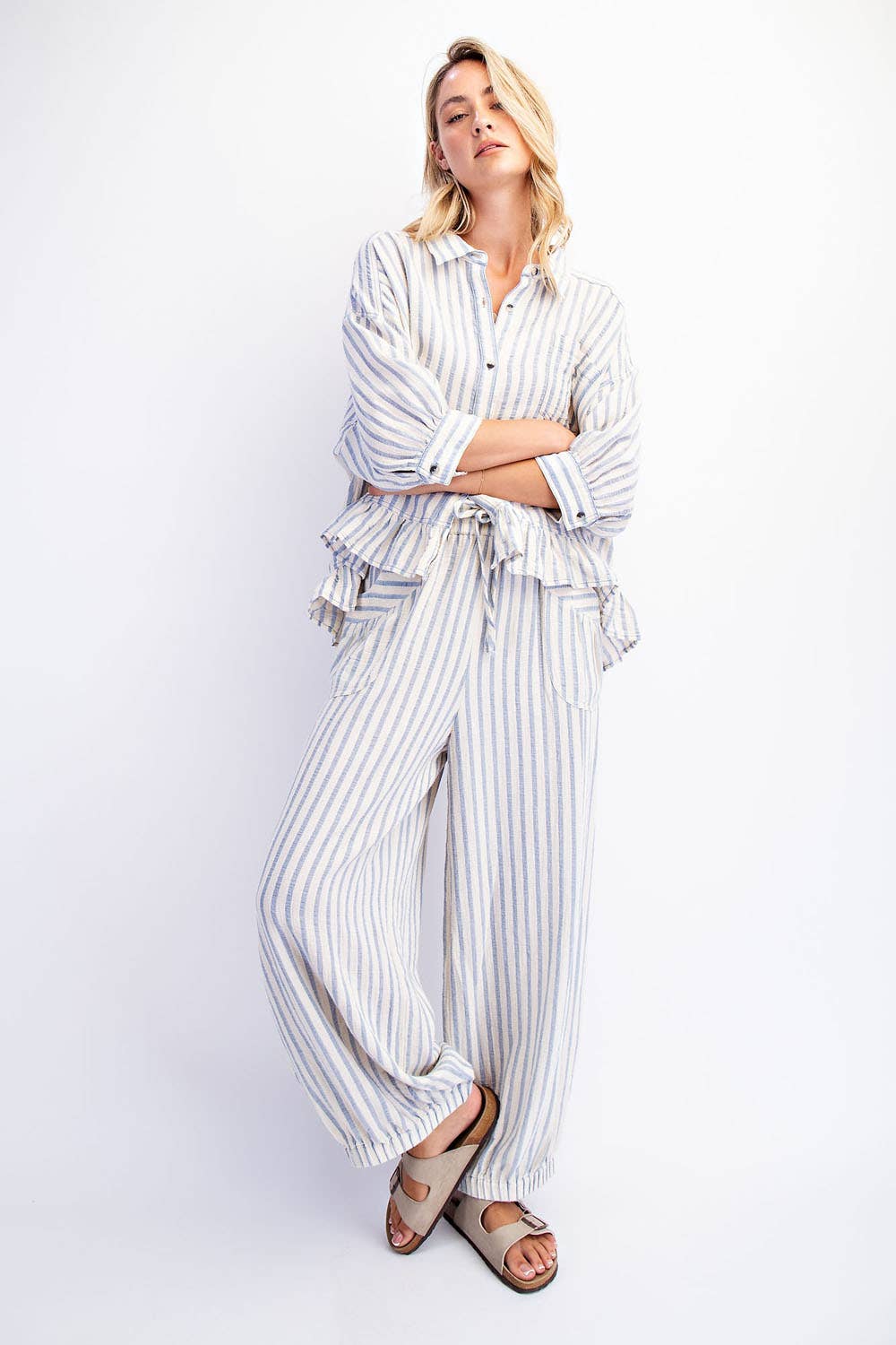 COTIERRA - STRIPE SOFT WASH LINEN BLENDED PANTS: Pink/Natural / S-M-L(2-2-2)