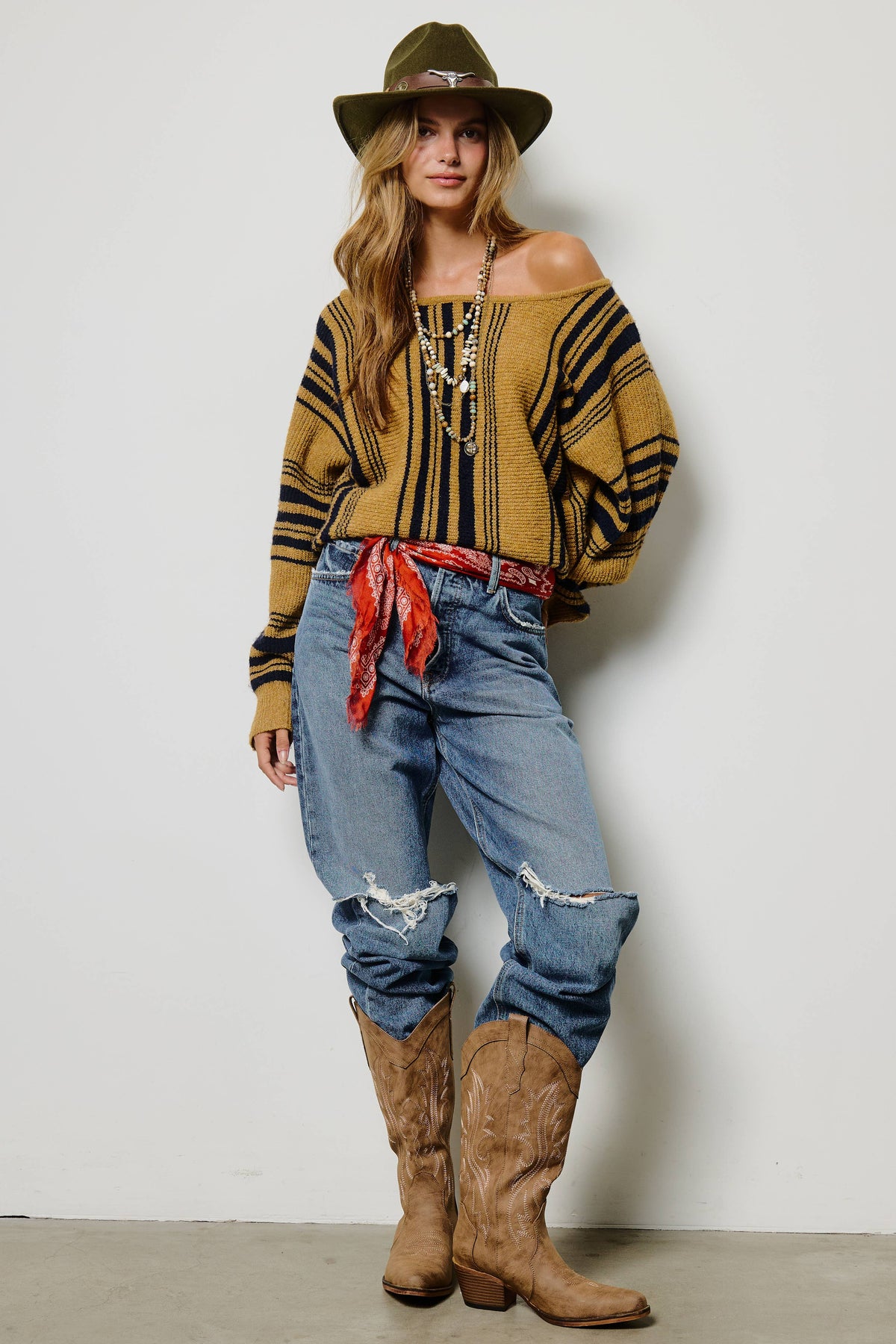 Mimosa - Striped Off Shoulder Knit Sweater: Dijon / L