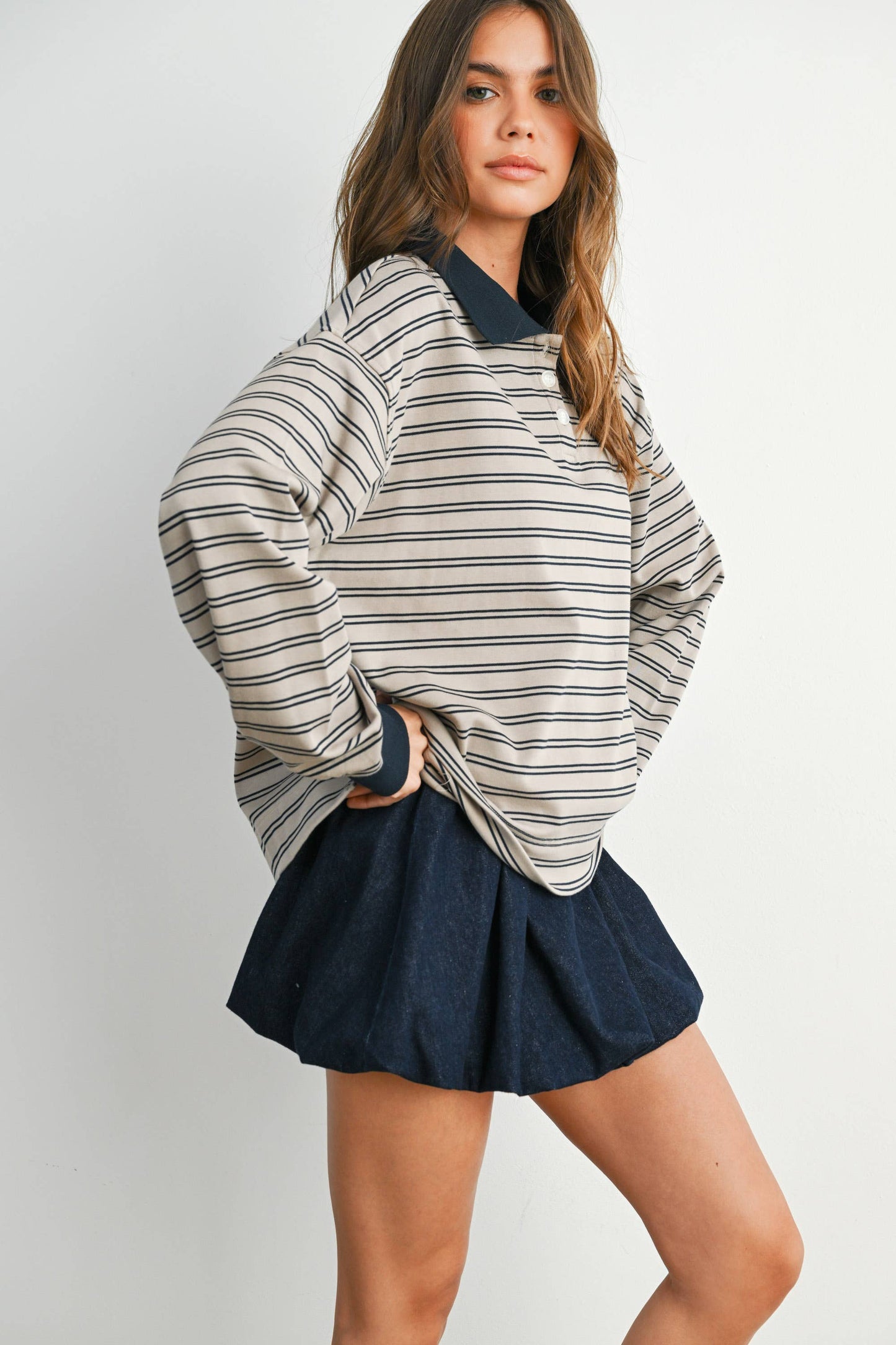 BUTTERMELON - Quarter-Button Striped Collared Long Sleeve Top - BMT7874: IVORY / BLACK / L
