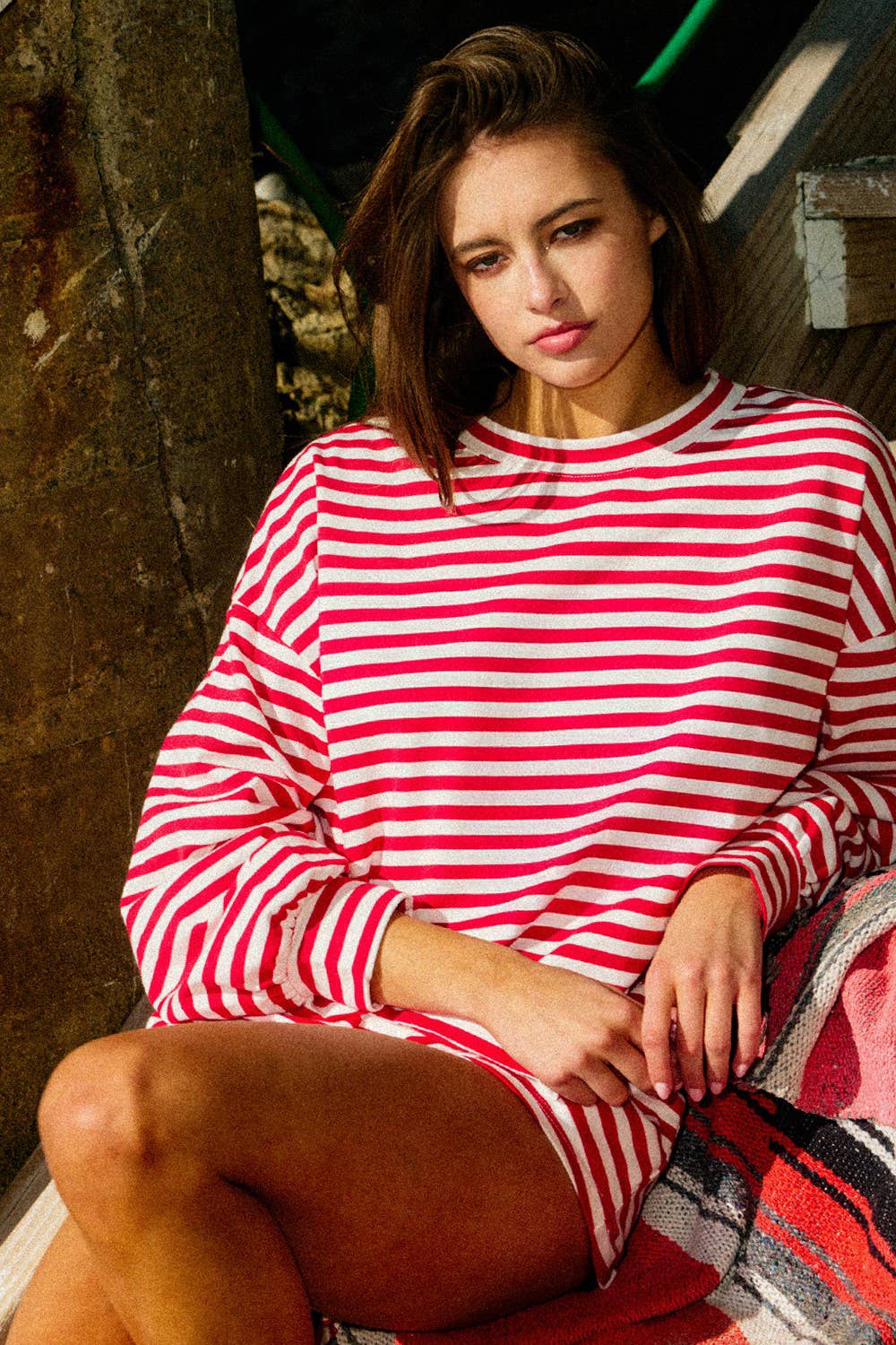 BUCKETLIST INC - IT2819 | Oversized Semi Crop Striped T-shirt Top: GREY/IVORY / S-M-L (2-2-2)