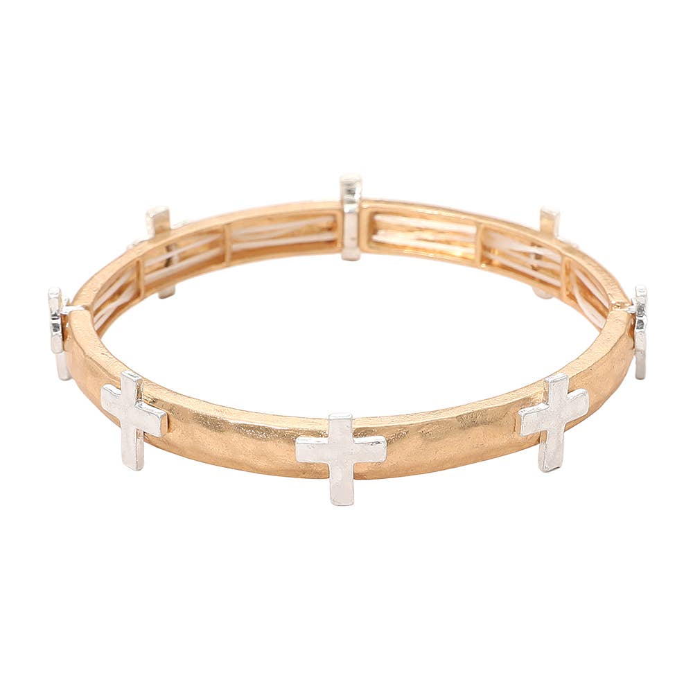 Sensibling Corp. - Hammered Brushed Metal Cross Accent Stretch Bracelet: Worn Gold