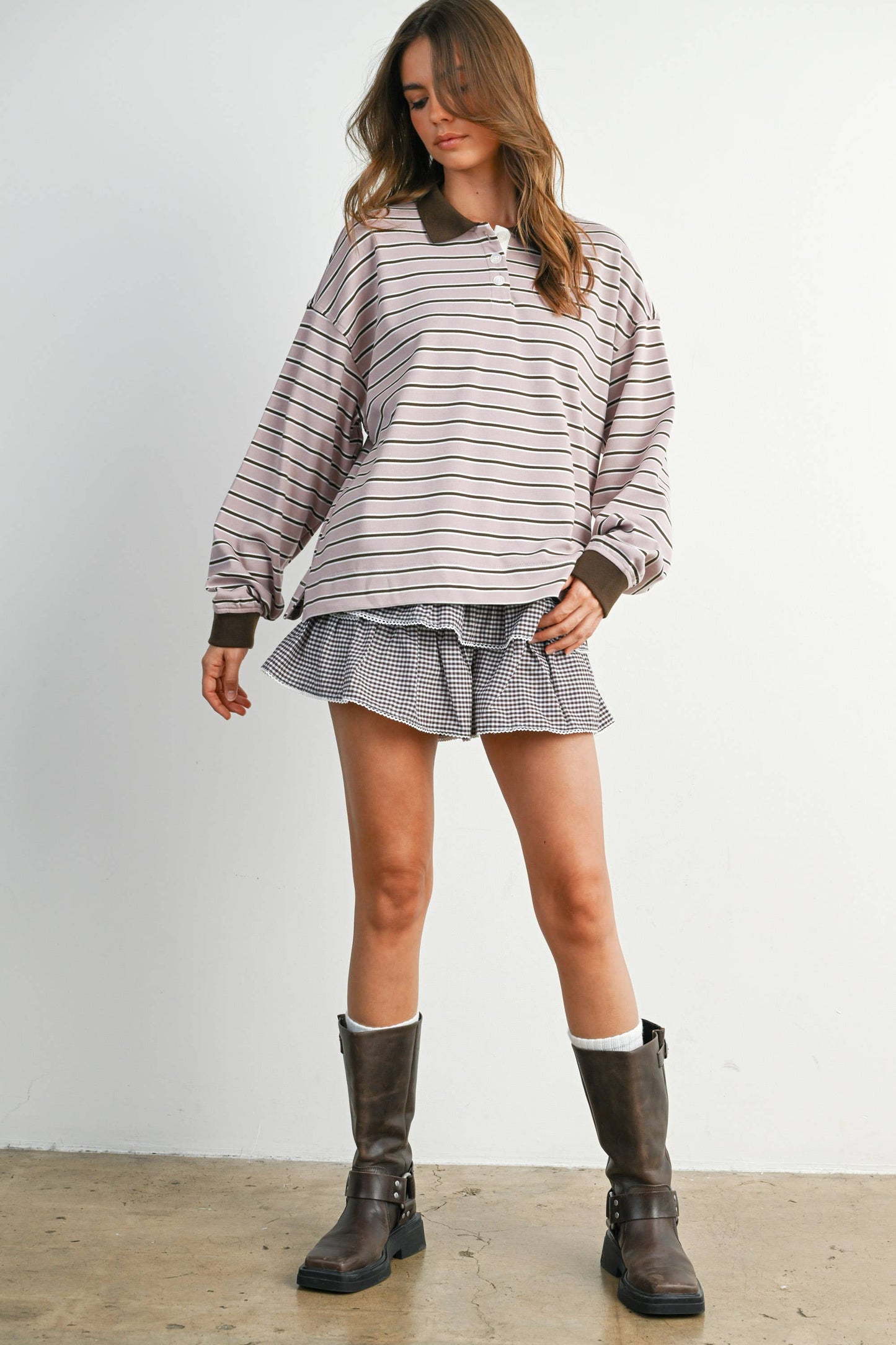 BUTTERMELON - Quarter-Button Striped Collared Long Sleeve Top - BMT7874: IVORY / BLACK / L