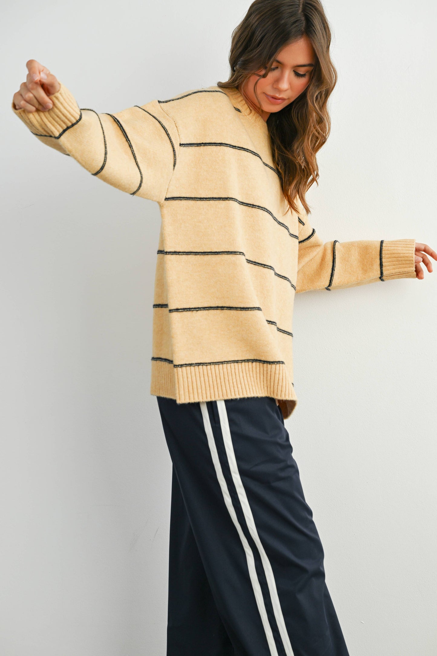 BUTTERMELON - Striped Pattern Drop Shoulder Sweater - BMW7421: MARIGOLD MULTI / L